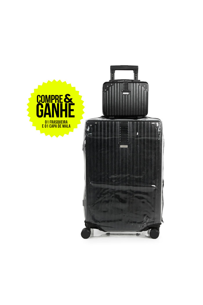 Compre Mala de Viagem Toronto Preto Grande 32kg em ABS Policarbonato e Ganhe Frasqueira e Capa Transparente
