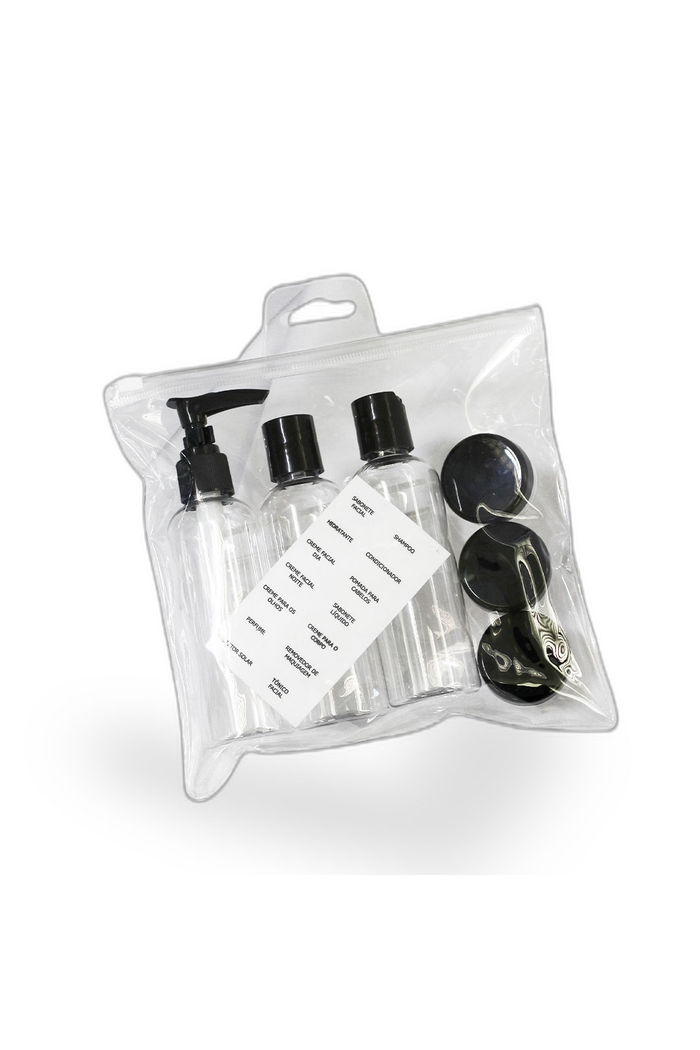 Kit de Frascos e Nécessaire para Viagem 7 Peças Transparente Preto