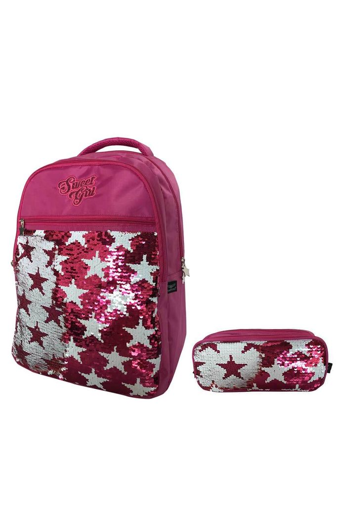 Mochila Escolar De Alças Costas Com Estojo Sweet Girl Pink Com Prata