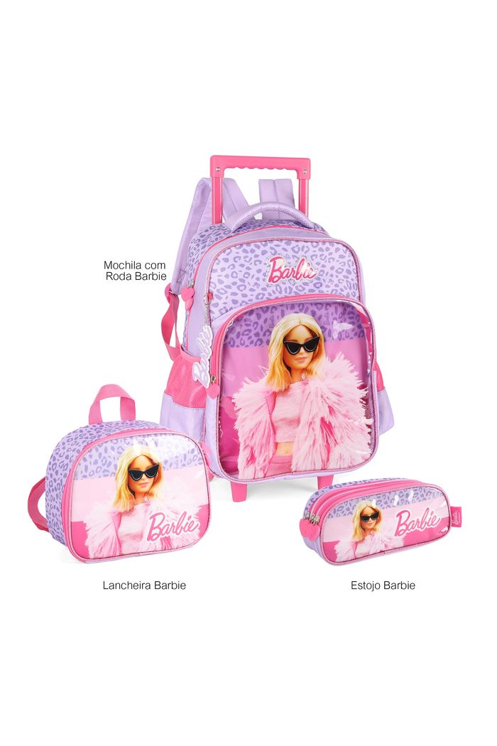 Kit Mochila Escolar Infantil com Estojo e Lancheira Barbie Pink