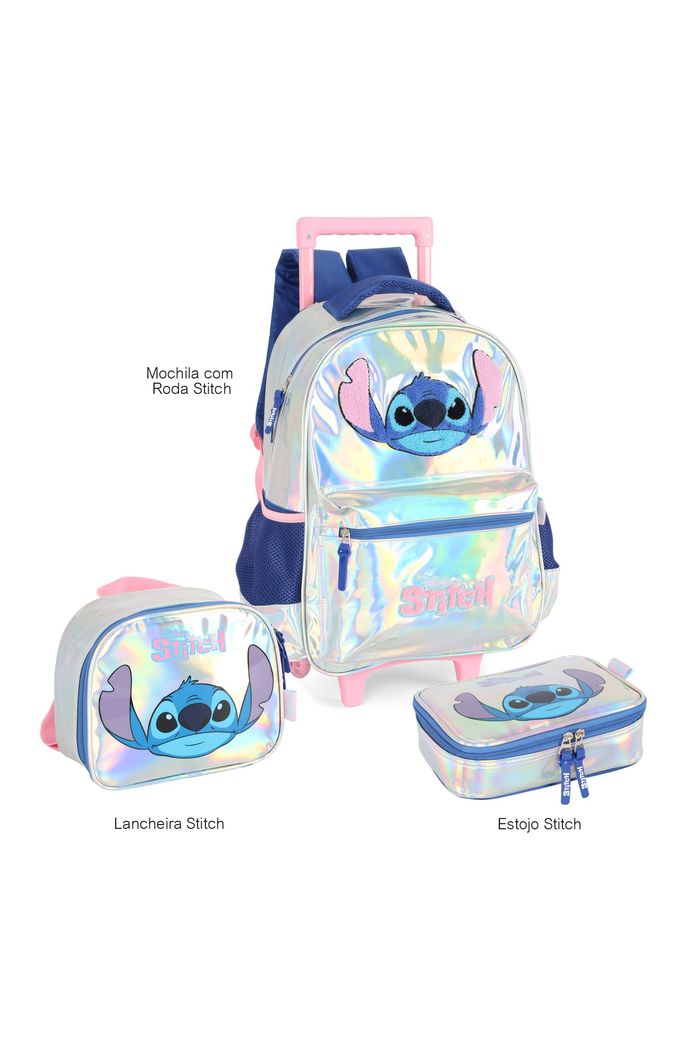Kit Mochila Escolar Infantil com Estojo e Lancheira Holográfica Stitch Prata