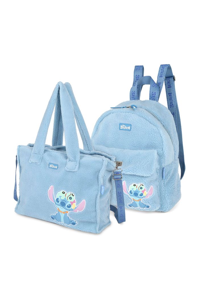 Kit Mochila Mochila Infantil e Bolsa de Ombro em Pelúcia Stitch & Xepa Azul