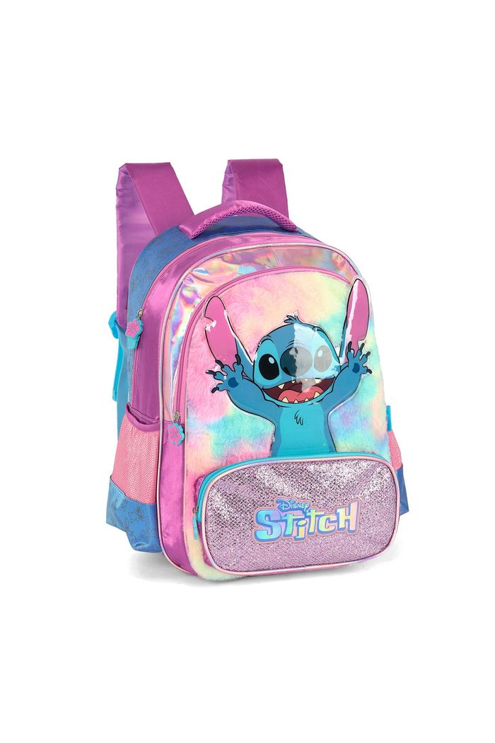Mochila Escolar Infantil Stitch Happy em Plush com Glitter Roxo