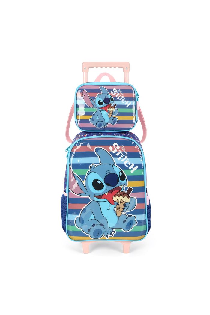 Kit Mochila Escolar Infantil com Rodinhas e Lancheira Stitch Azul