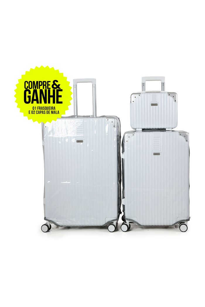 Compre Kit de Malas de Viagem Toronto Branca Media 23kg, Grande 32kg e Frasqueira e GANHE 2 Capas Transparentes Cinza