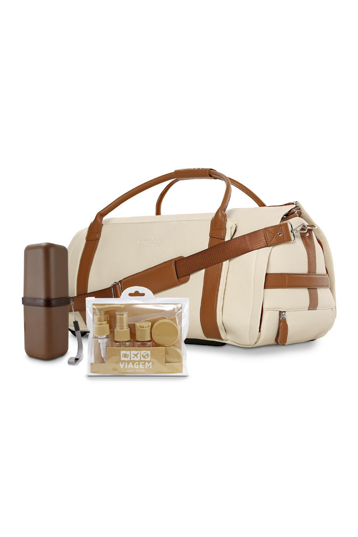 Kit Bolsa de Viagem 9 em 1 Bege, Kit Frasco 7 Pecas Bege e Porta Escova de Dente Marrom