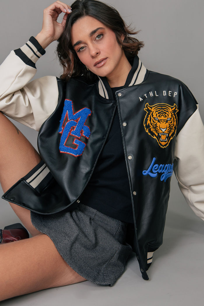 JAQUETA BOMBER DE NAPA PRETO E OFF WHITE