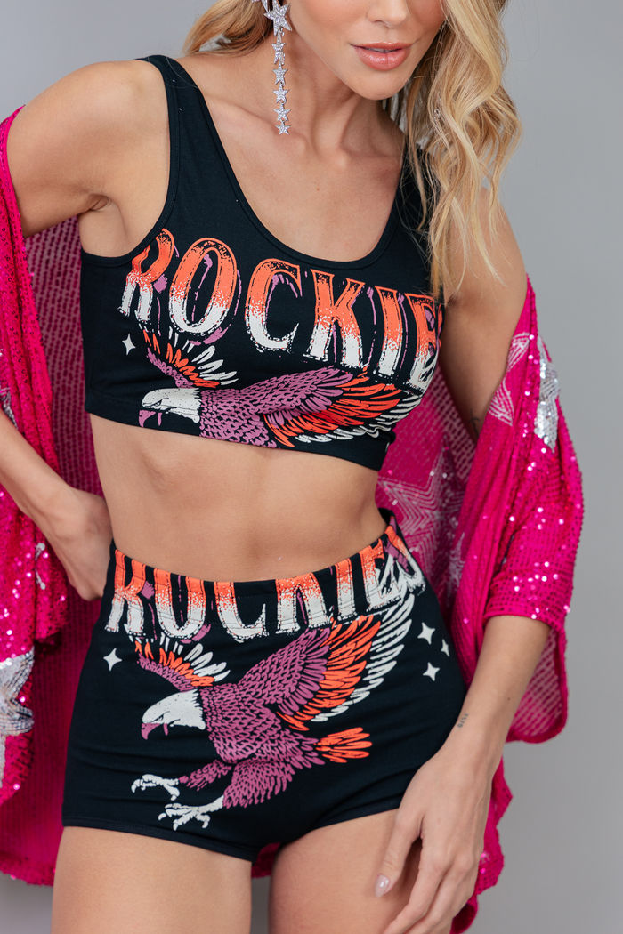 SHORT HOT PANT DE COTTON PRETO COM ESTAMPA ROCKIES