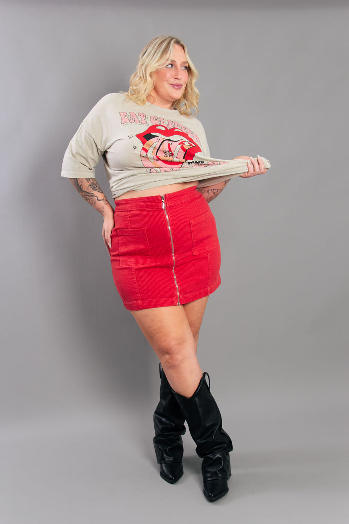 SAIA DE COTELÊ  VERMELHO  COM ZÍPER