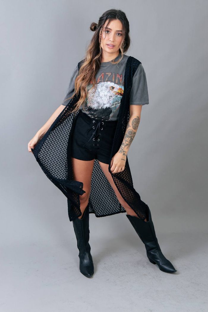 KIMONO LONGO SEM MANGA DE RENDA PRETA