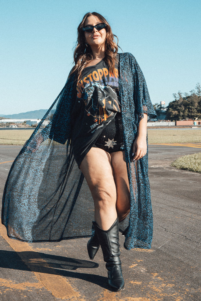 KIMONO LONGO EM TULE ONÇA AZUL