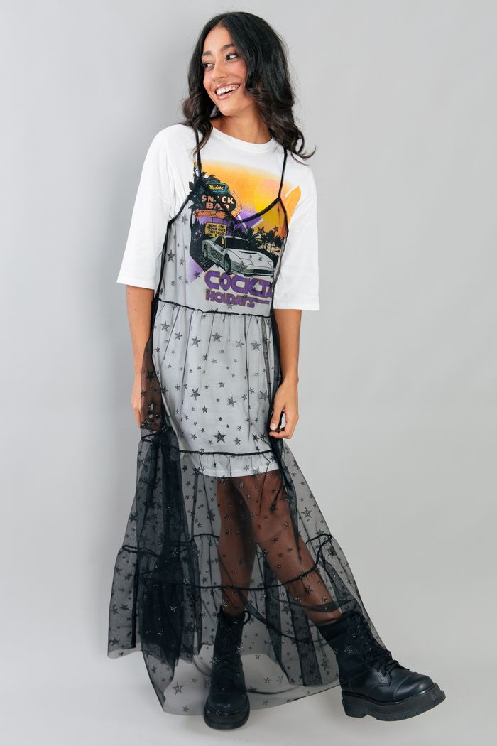 VESTIDO DE ALCINHA EM TULE PRETO COM ESTRELINHAS