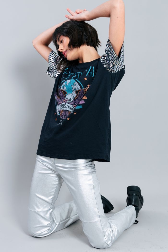 CALÇA PRATA METALIZADA COM RECORTE