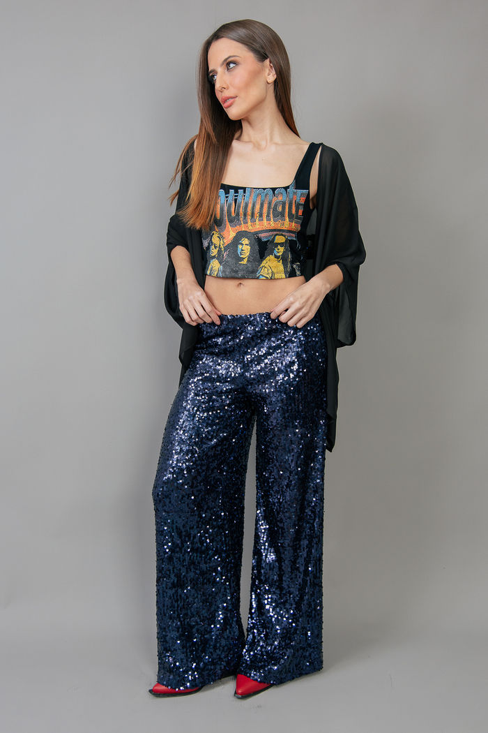 CALÇA PANTALONA DE PAETÊ AZUL