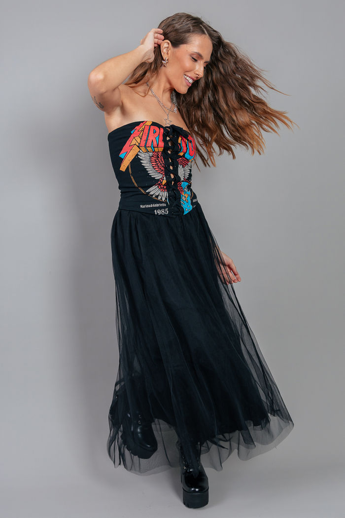 SAIA MIDI DE TULE PRETA COM FORRO