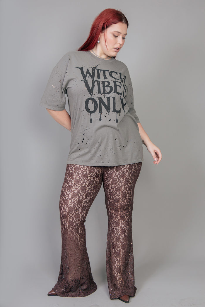 CALÇA DE RENDA TRANSPARENTE COM PAETÊ MARROM