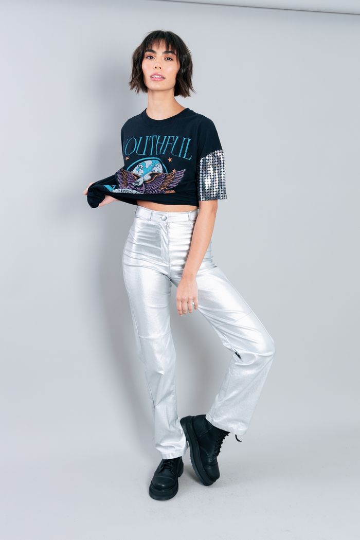 CALÇA PRATA METALIZADA COM RECORTE