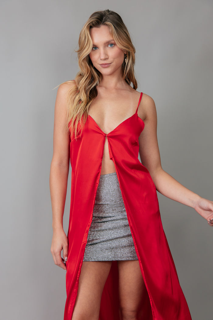 BLUSA ALONGADA DE ALCINHA ACETINADA VERMELHA