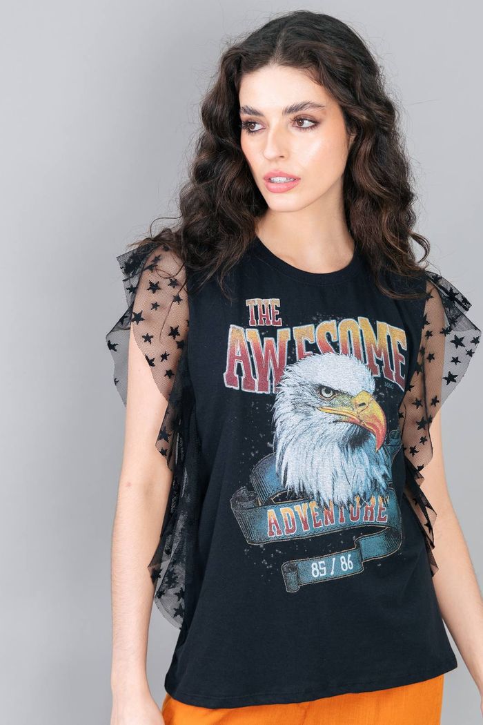 CAMISETA PRETA COM BABADOS EM TULE  AWESOME