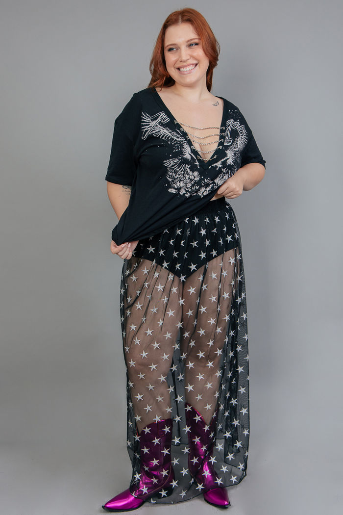 SAIA LONGA DE TULE PRETA COM ESTRELAS GLITTER PRATA