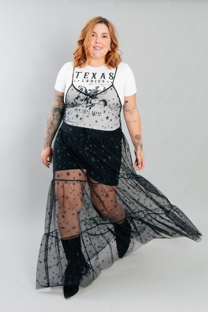 VESTIDO DE ALCINHA EM TULE PRETO COM ESTRELINHAS