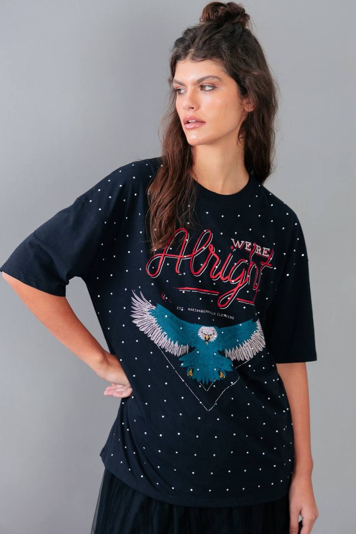 CAMISETA T-SHIRT VINTAGE PRETA COM STRASS ALRIGHT