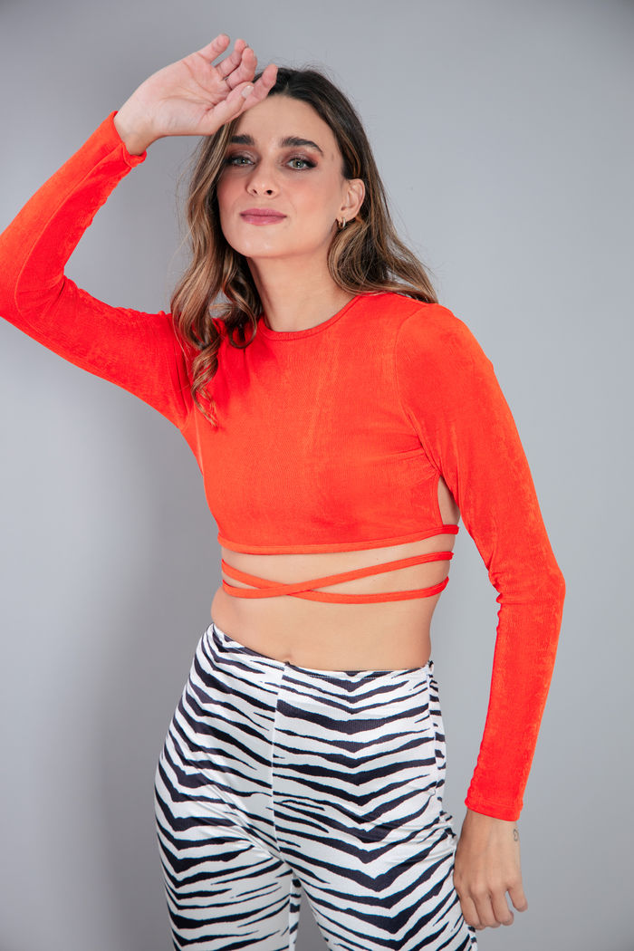 CROPPED LUA MANGA LONGA AMARRAÇÃO LARANJA