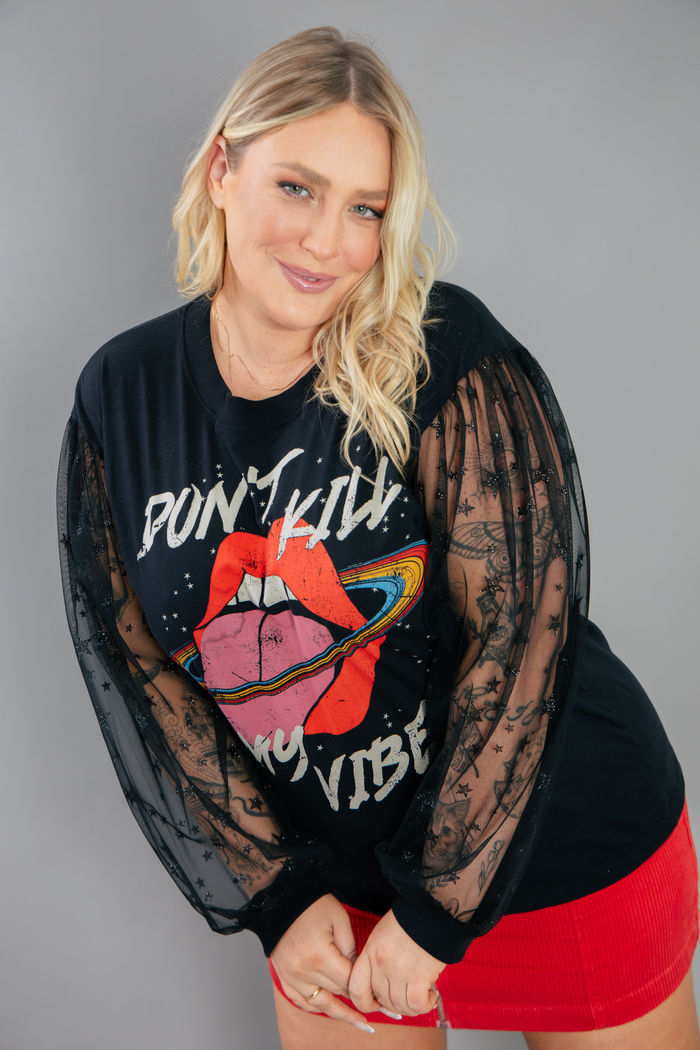 CAMISETA PRETA MANGA LONGA DE TULE ESTRELA  MY VIBE