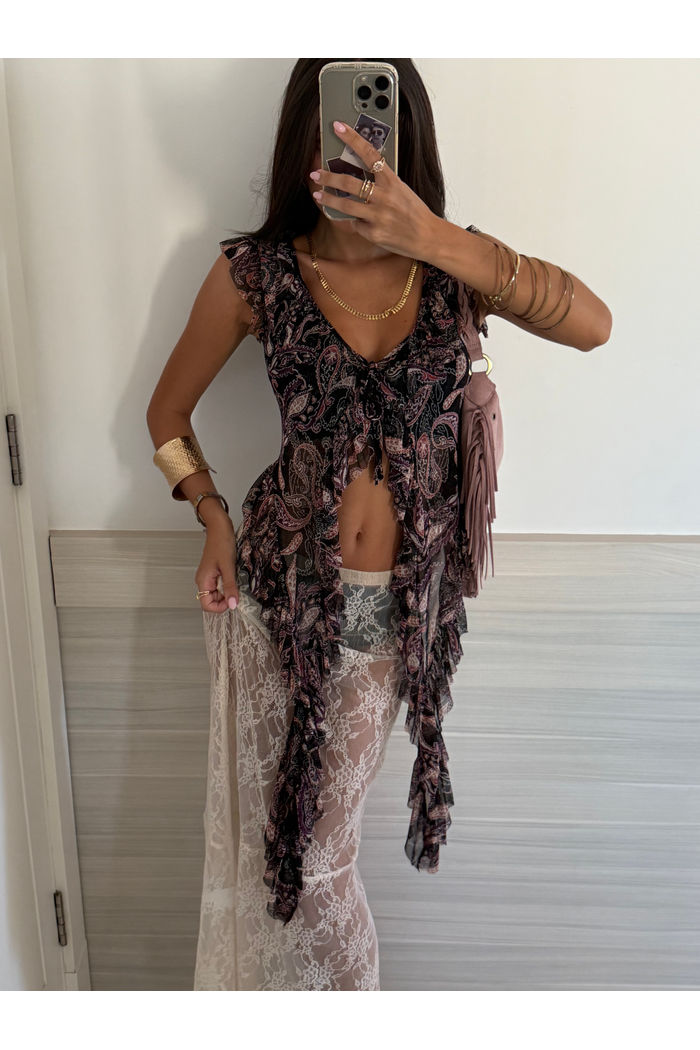 BLUSA COM AMARRAÇÃO DE TULE ESTAMPADO GYPSY