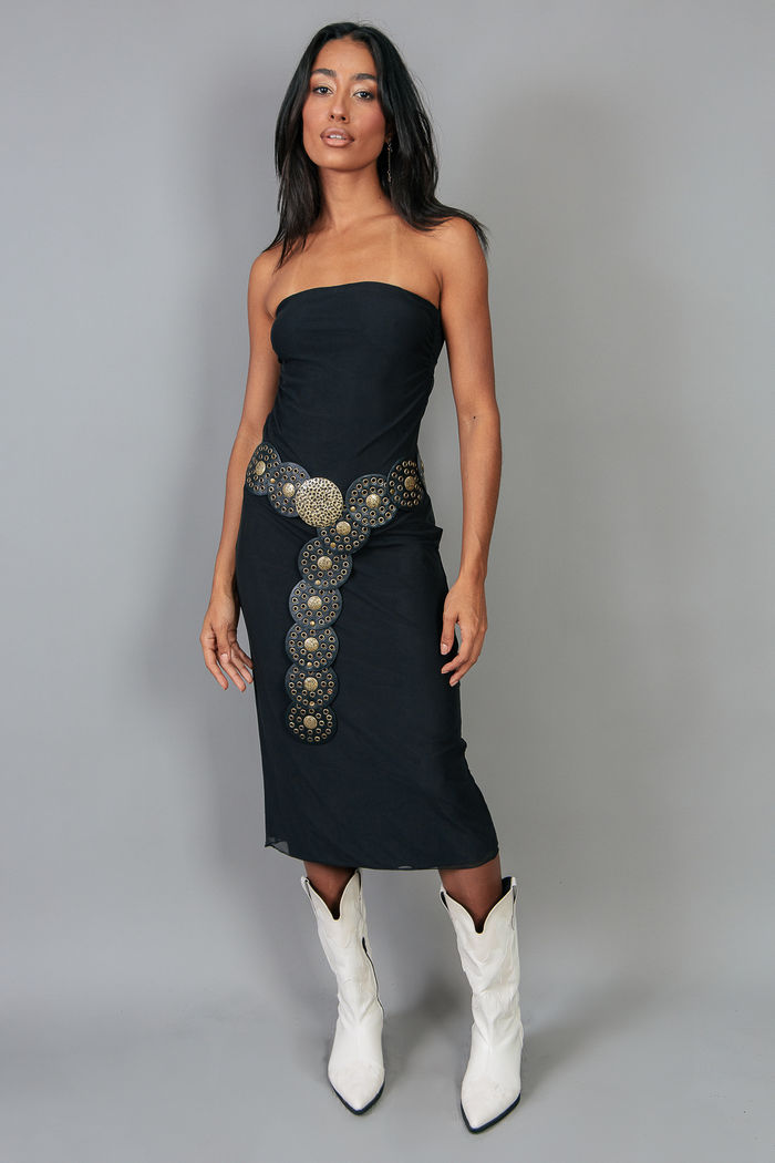 VESTIDO MIDI SEM ALÇA DE TULE PRETO