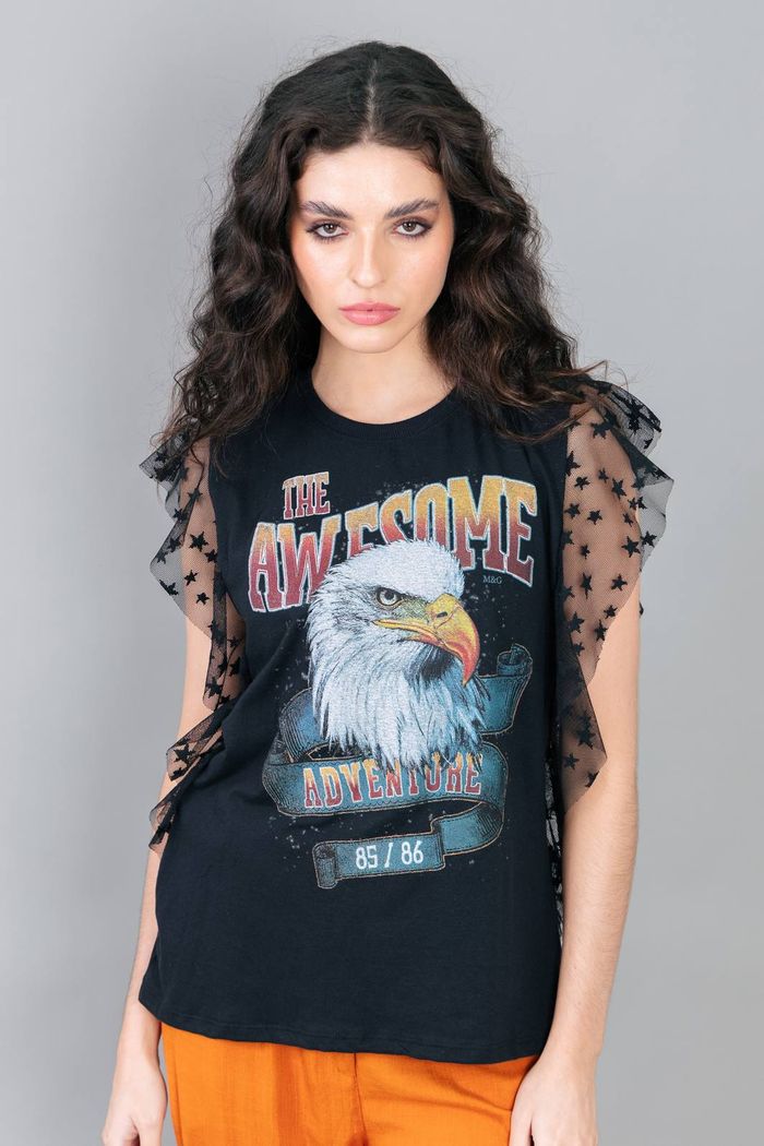 CAMISETA PRETA COM BABADOS EM TULE  AWESOME