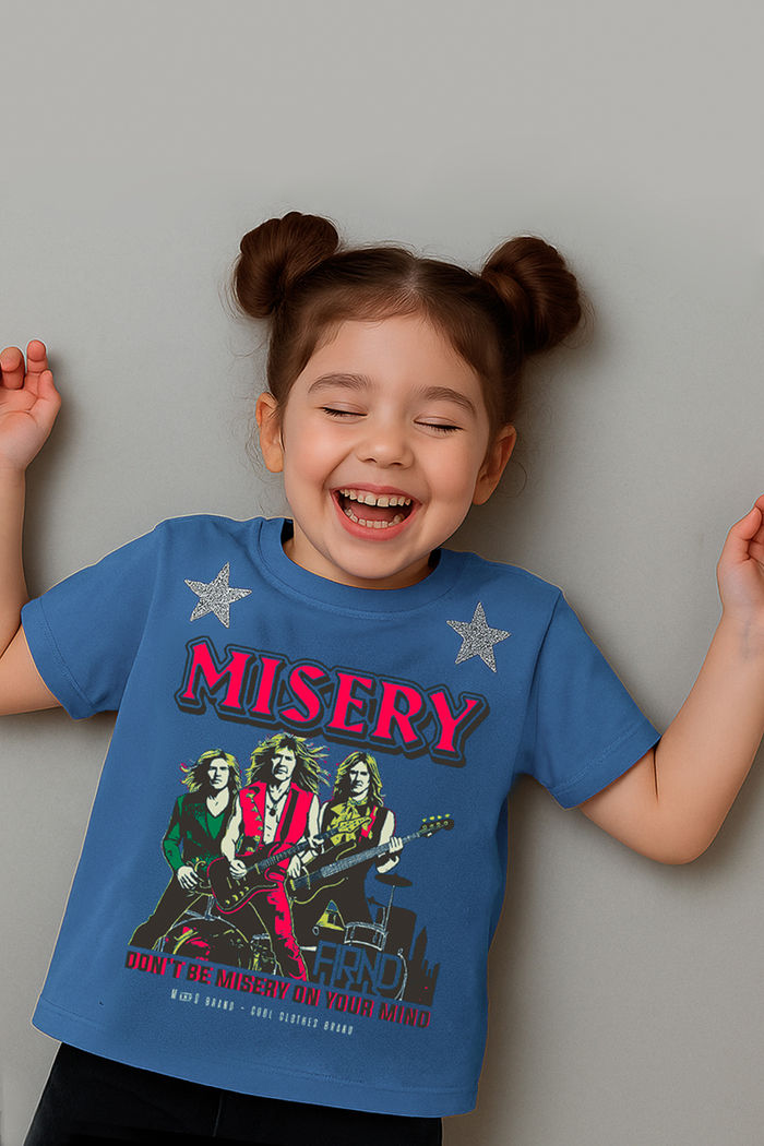 T-SHIRT INFANTIL AZUL MISERY COM APLIQUE ESTRELAS