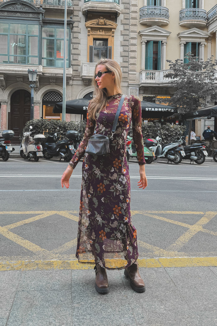 VESTIDO MANGA LONGA DE TULE ESTAMPADO FLORAL ROXO