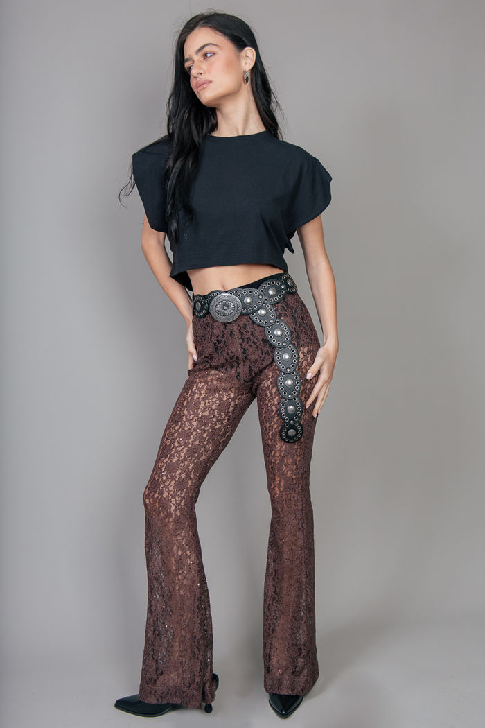 CALÇA DE RENDA TRANSPARENTE COM PAETÊ MARROM
