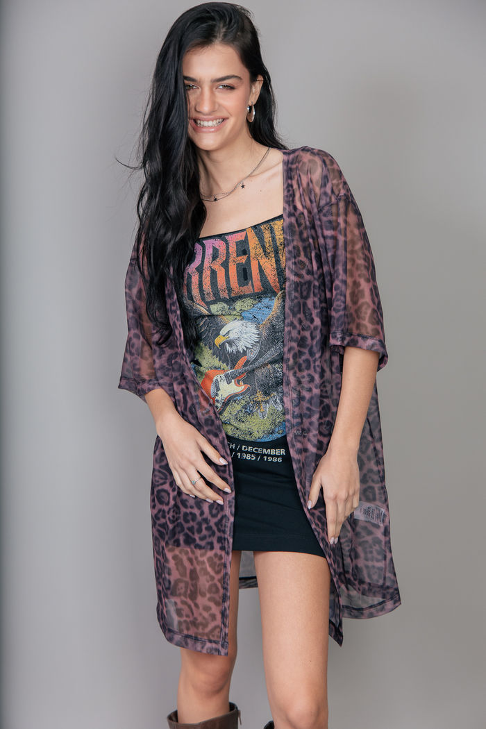 KIMONO EM TULE ESTAMPADO DE ONÇA ROSA