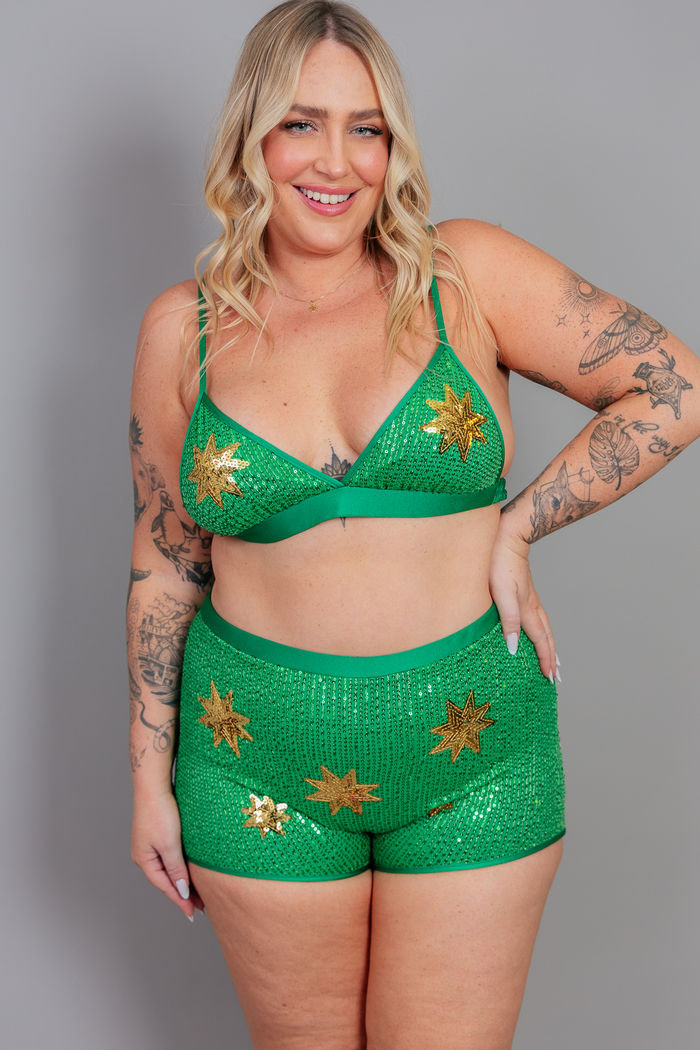 TOP DE PAETÊS VERDE COM ESTRELAS DOURADAS