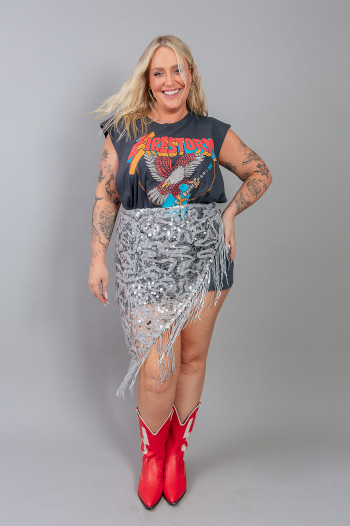 SAIA LENÇO DE TECIDO COM PAETÊ E FRANJAS PRATA