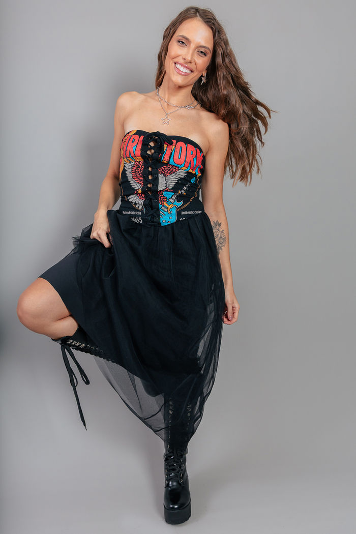 SAIA MIDI DE TULE PRETA COM FORRO