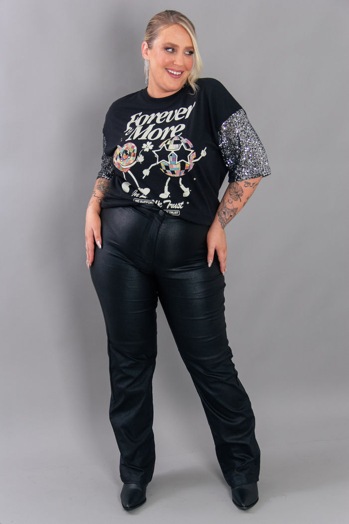 CALÇA PRETA METALIZADA COM RECORTE