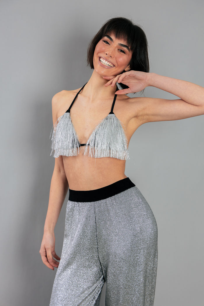 TOP CORTININHA COM FRANJAS PRATA