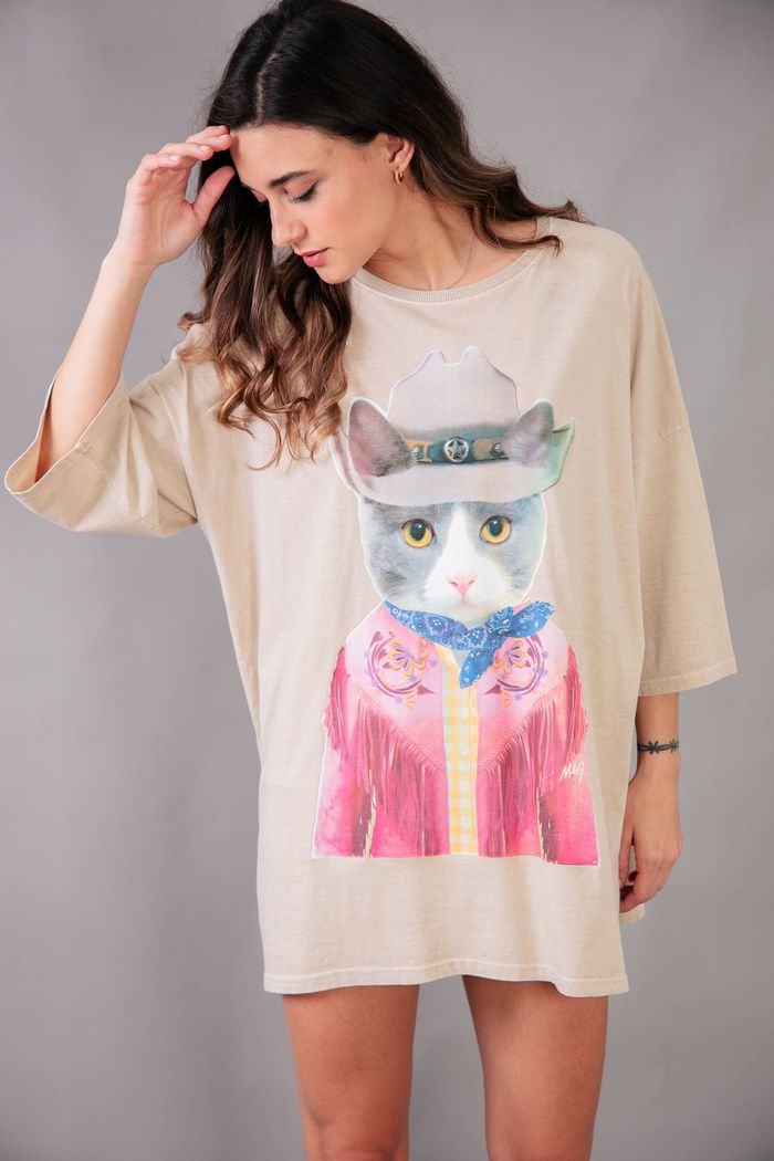 CAMISETA T-SHIRT OVERSIZED BEGE CAT COWBOY