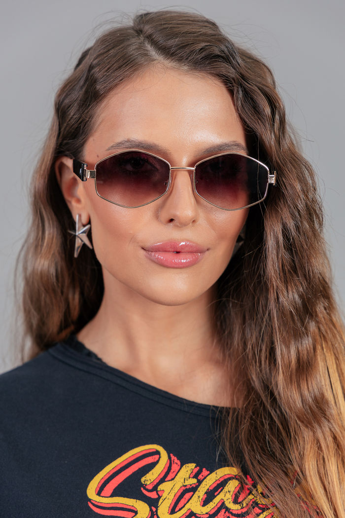 ÓCULOS DOURADO E MARROM HEXAGONAL DEGRADÊ