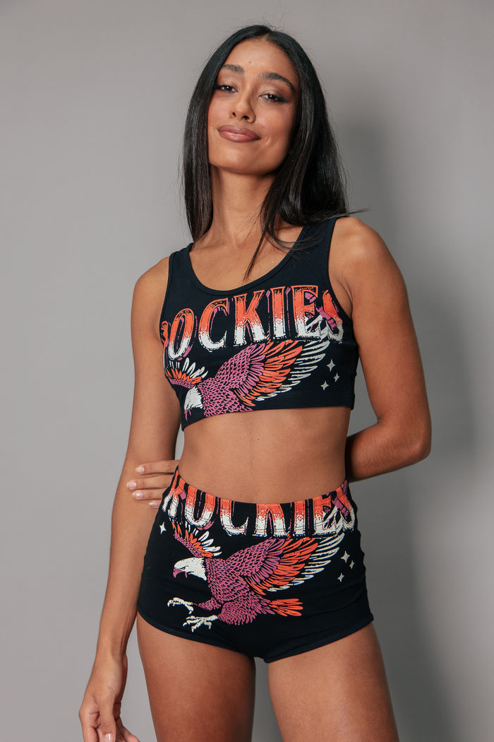 SHORT HOT PANT DE COTTON PRETO COM ESTAMPA ROCKIES