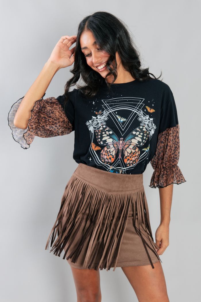 SAIA DE SUEDE MARROM COM FRANJAS