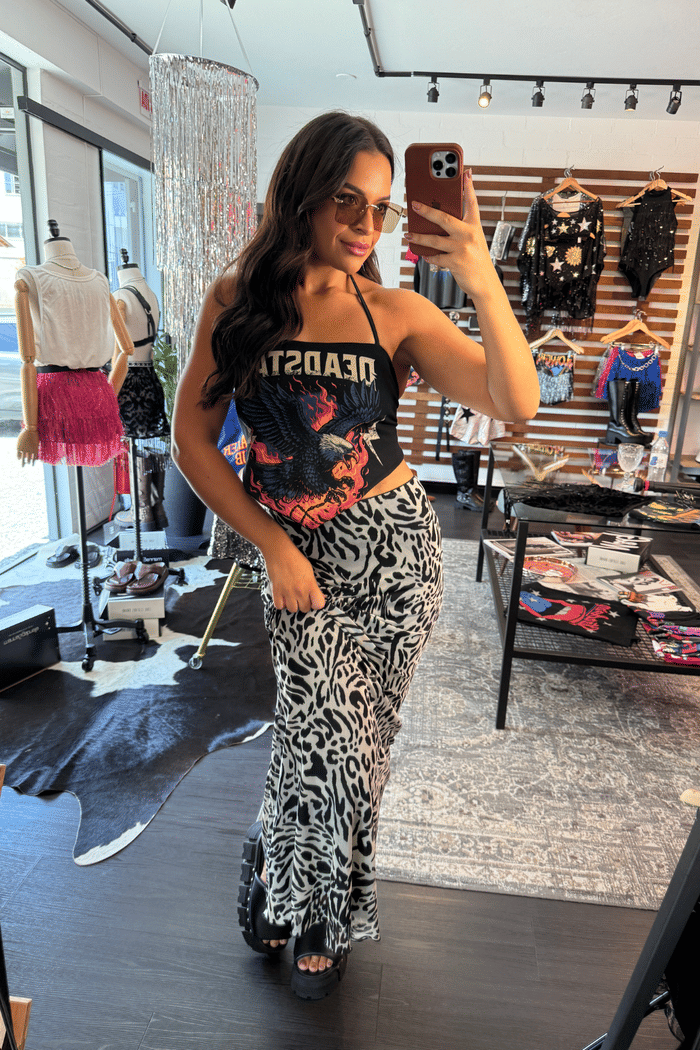 SAIA LONGA CINTURA MÉDIA DE TULE ANIMAL PRINT PRETO E BRANCO