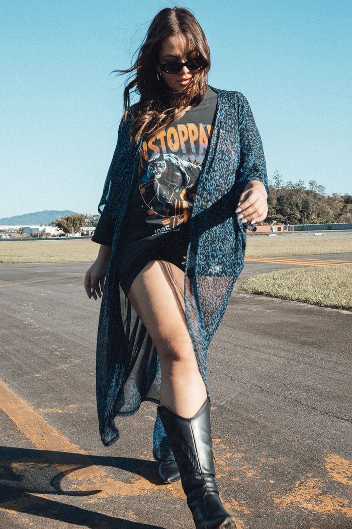 KIMONO LONGO EM TULE ONÇA AZUL