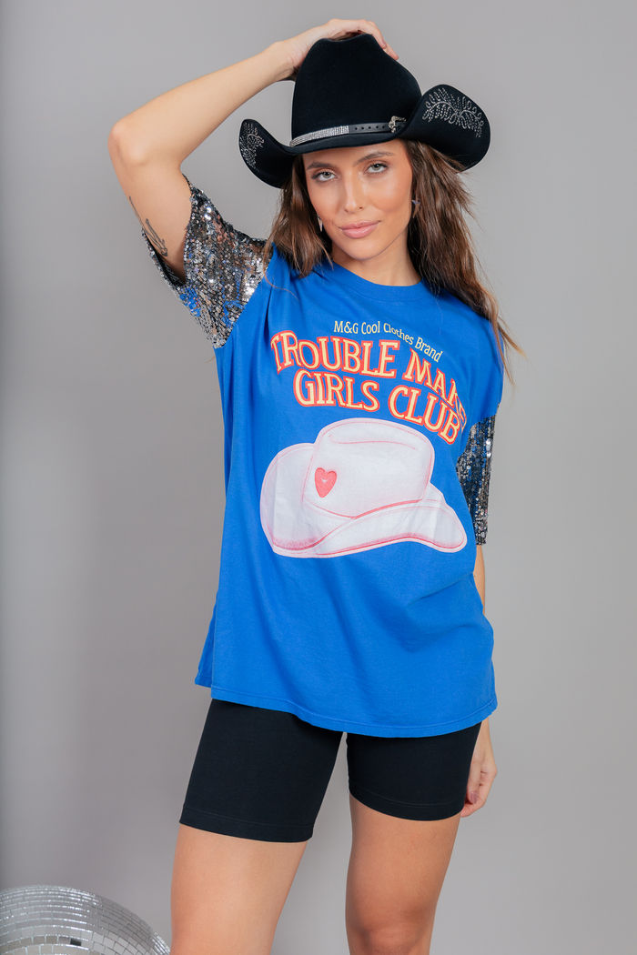 CAMISETA T-SHIRT VINTAGE AZUL COM MANGAS DE PAETÊS GIRLS CLUB