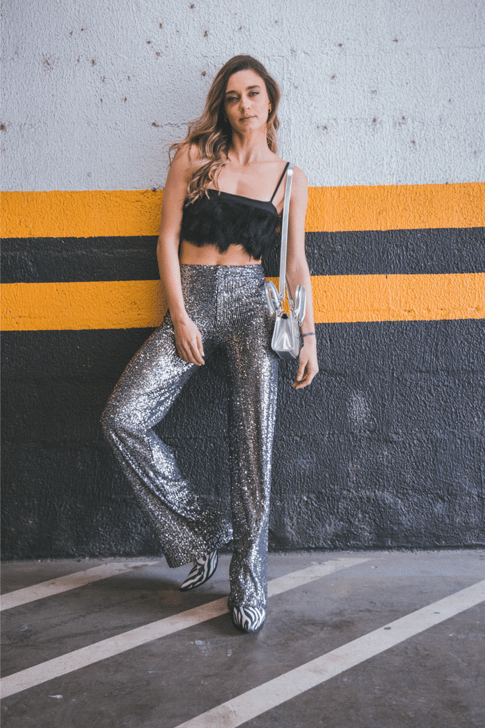 CALÇA PANTALONA PAETÊ PRATA