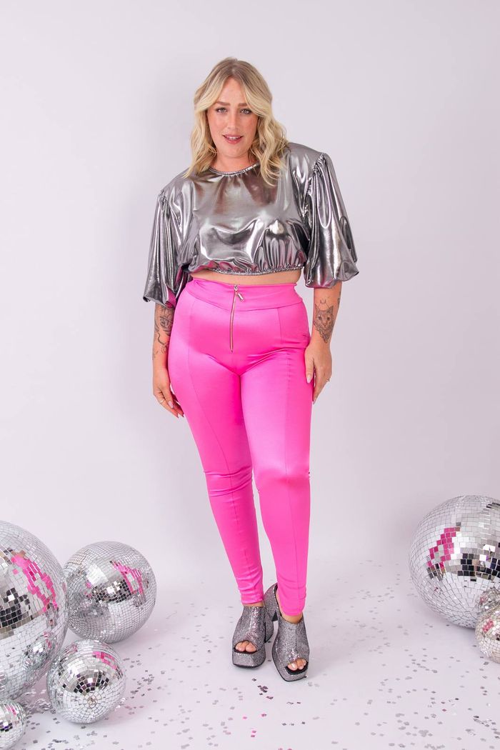 CALÇA DISCO ROSA CINTURA ALTA COM ZÍPER