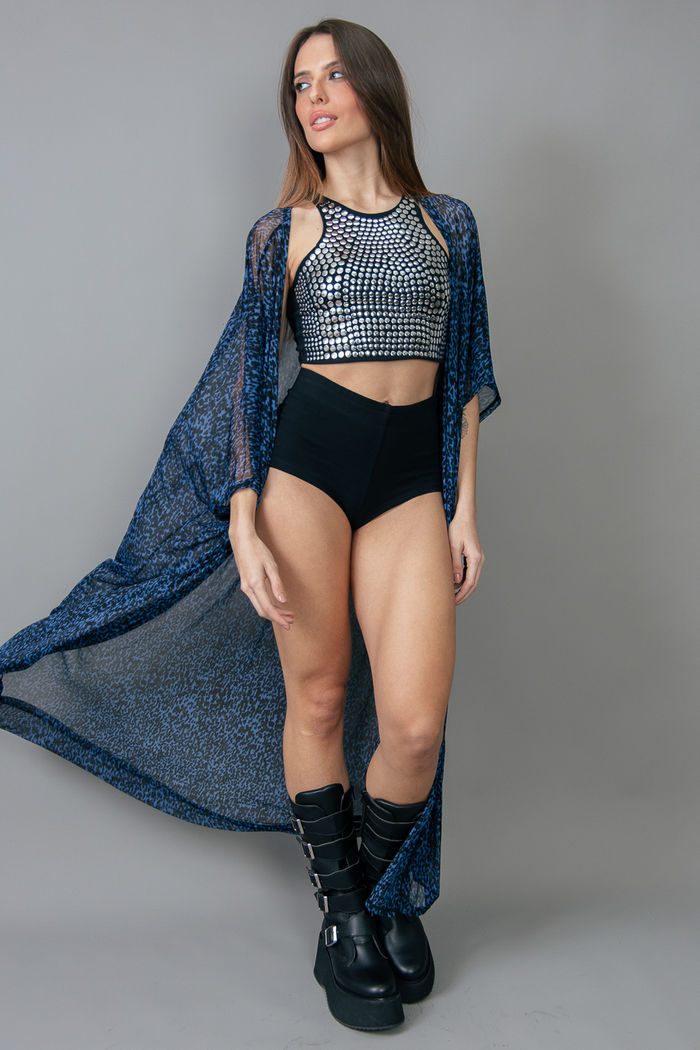 KIMONO LONGO EM TULE ONÇA AZUL